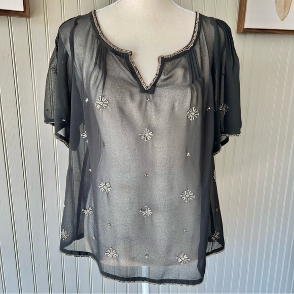 Philosophy Sheer Black Beaded Flower Babydoll Tunic Blouse